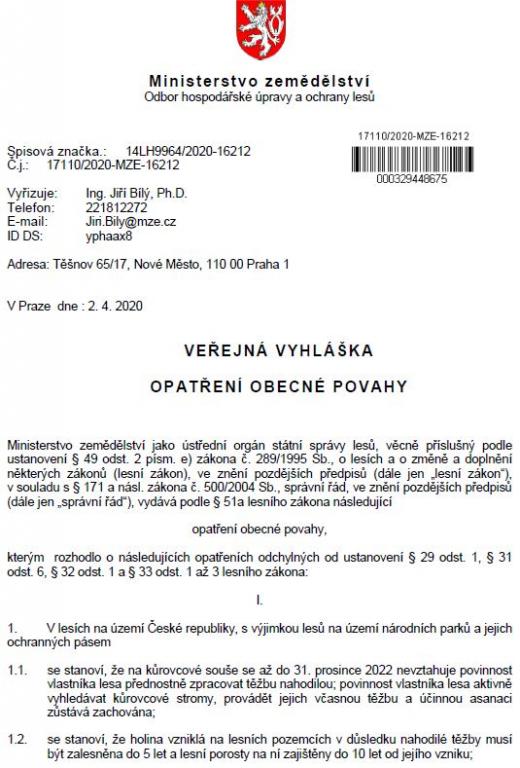 VV-OOP.LESY č.j.17110 2020-MZE-16212 Ministerstvo zemědělství v Praze 2.4.2020